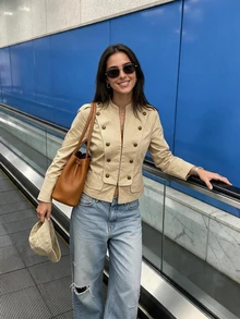 Mantel Kancing Gaya Militer Vintage Wanita, Jaket Musim Gugur Bergaya Kerah Napoleon - Khaki - View 2