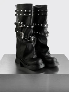 Rollcall 2025 New Punk Style Retro Round Toe Thigh High Boots With Rivets, Fall, Winter, Mid-Calf Boots - Black - View 1