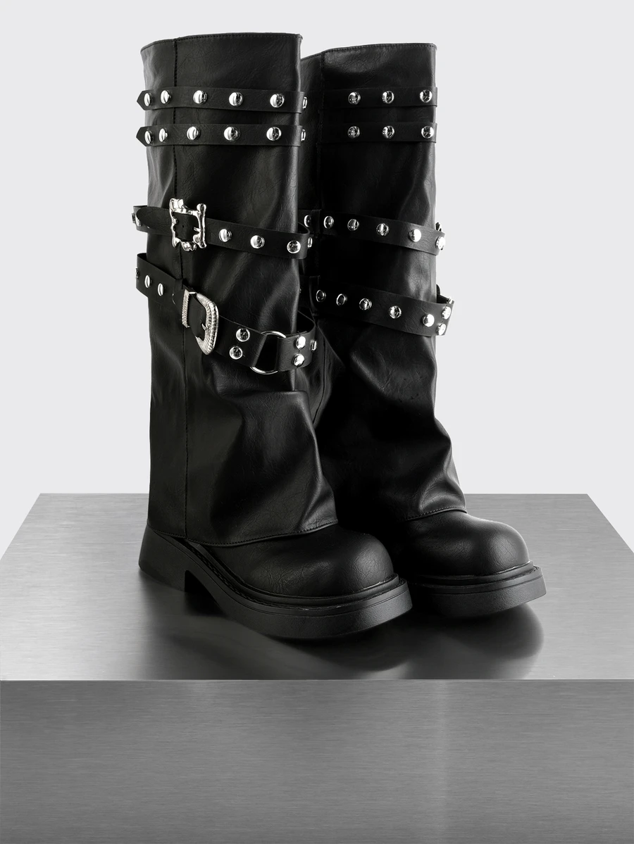 Rollcall 2025 New Punk Style Retro Round Toe Thigh High Boots With Rivets, Fall, Winter, Mid-Calf Boots - Black - View 1