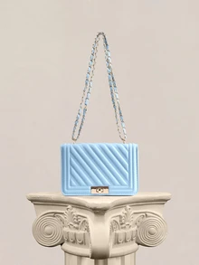 Rylithe Fashionable New Solid Color PU Embossed Mini Shoulder Bag, Street Commuting Crossbody Bag, Minimalist Women's Chain Small Square Handbag - Baby Blue - View 1