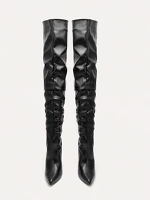 TuEzra Fall/Winter Match With Black Dress,Zipper Side Point Toe Stiletto Heeled Slouchy Boots, Women's High - Black - View 3