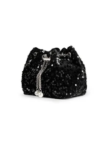 Rylithe Chain Drawstring PVC Large Sequin Shiny Bucket Bag, Metal Pearl Decor Colorful Sequin Women's Evening Shoulder Crossbody Bag - Black - View 3