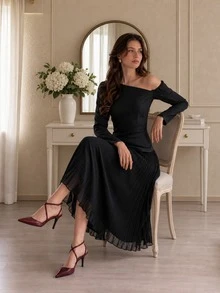 Halloween Costume Women Black Slant-Shoulder Pleated Long Sleeve Dress Festival - Black - View 7