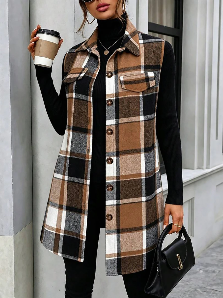 Plus Size Women's Plaid Sleeveless Vest, Thigh Length, Front Button Closure, Autumn Layering Outerwear - Khaki - View 1