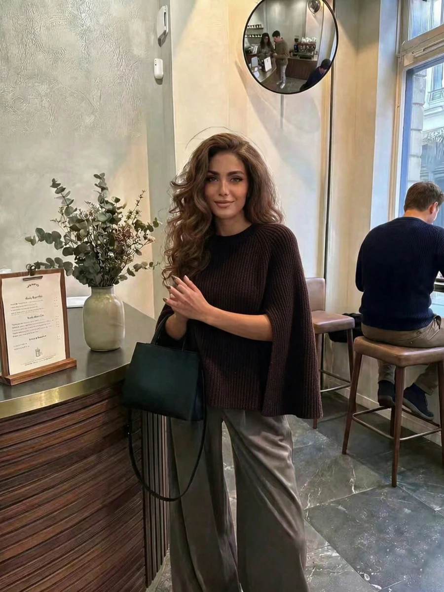 Women's New Autumn/Winter Round Neck Long Sleeve Knit Top, Elegant - Dark Coffee - View 1
