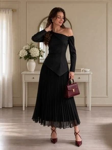 Halloween Costume Women Black Slant-Shoulder Pleated Long Sleeve Dress Festival - Black - View 3