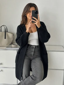 Women's Plus Size Long Knit Cardigan, Lantern Sleeve Deep V-Neck Loose Fit Winter Sweater Coat With Pockets - Black - View 1