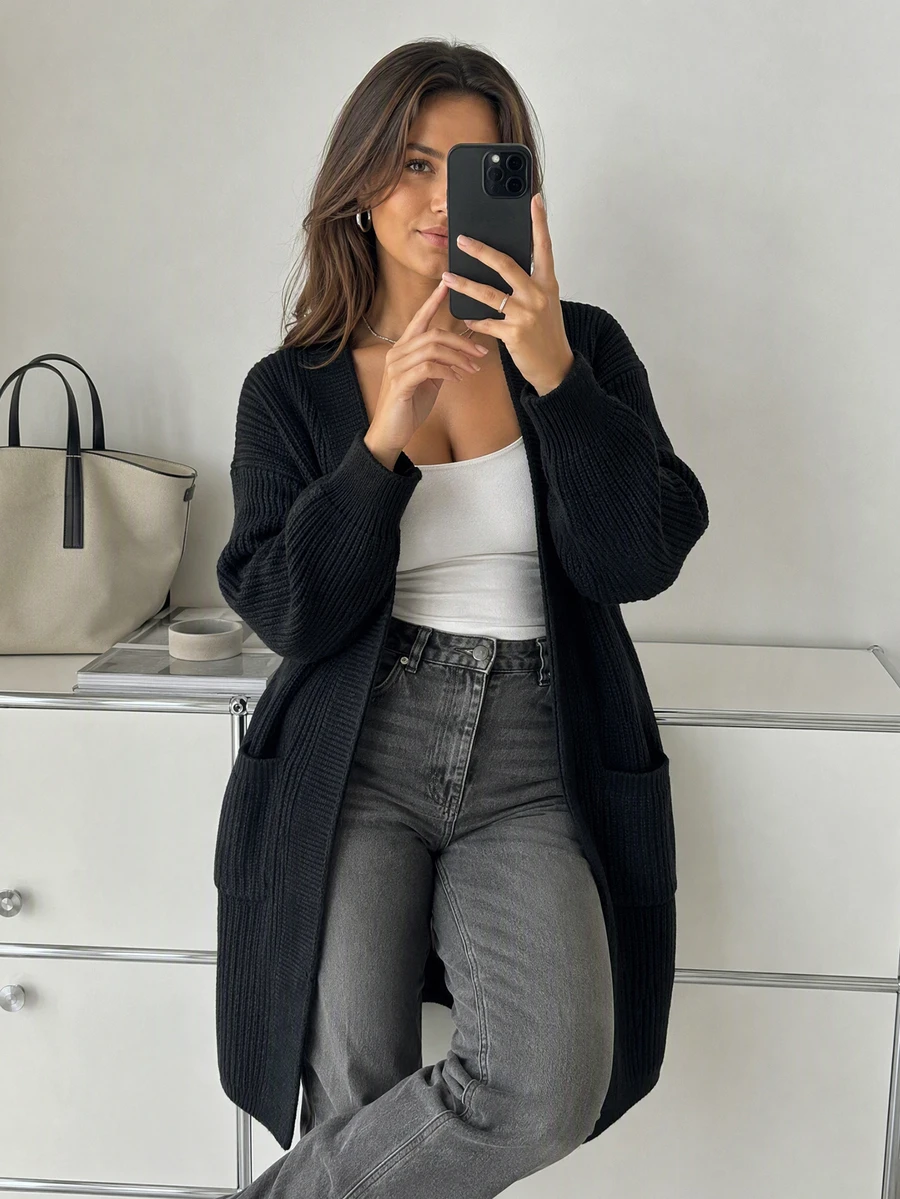 Women's Plus Size Long Knit Cardigan, Lantern Sleeve Deep V-Neck Loose Fit Winter Sweater Coat With Pockets - Black - View 1