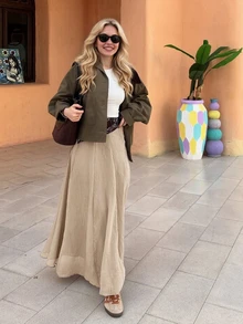 High-Waist A-Line Fluid Drape Skirt, Suitable For Office Commute, Lightweight And Breathable - Khaki - View 2