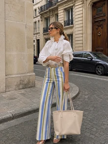 Women Fall Fashion Elegant Casual Striped Straight Leg Long Pants For Office Going Out Vacation - Multicolor - View 1