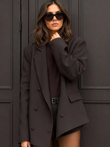Women Fall Fashion Elegant Casual Brown Long Sleeve Blazer Mini Shorts Two Pieces Set For Office Work Going Out Daily - Coffee Brown - View 2