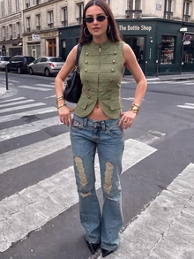 Women's Vintage Military Style Knitted Vest, Front Zipper Sleeveless Top, Suitable For Summer - Green - View 2