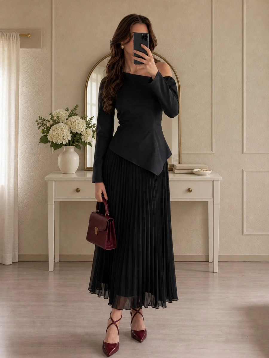Halloween Costume Women Black Slant-Shoulder Pleated Long Sleeve Dress Festival - Black - View 1