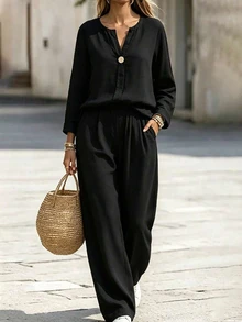 Women's Plus Size Casual Solid Color 2-Piece Set, Loose Fit Long Pants With Long Sleeve Button Detail Shirt, Suitable For Autumn - Black - View 1