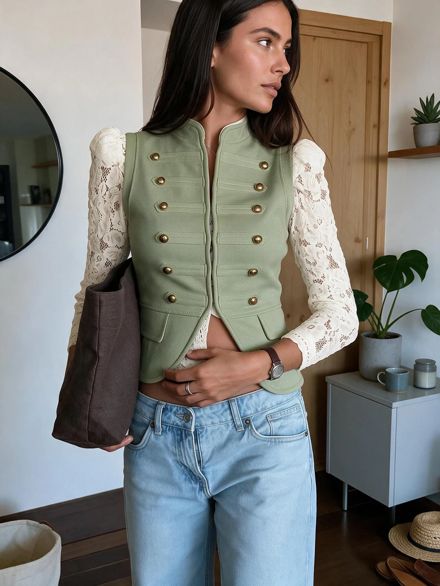Women's Vintage Military Style Knitted Vest, Front Zipper Sleeveless Top, Suitable For Summer - Green - View 1