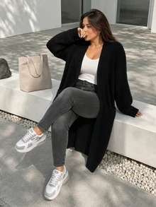 Women's Plus Size Long Knit Cardigan, Lantern Sleeve Deep V-Neck Loose Fit Winter Sweater Coat With Pockets - Black - View 2