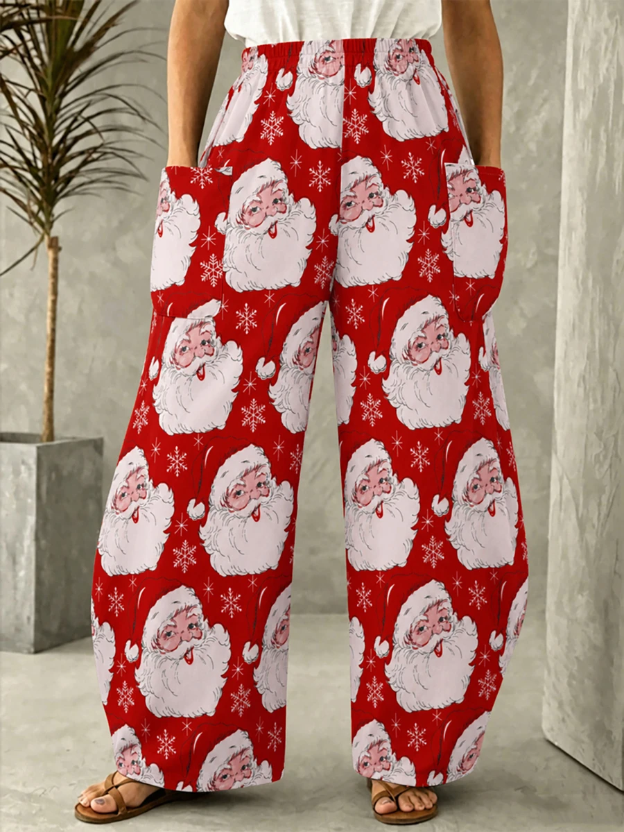 Celana Panjang Wanita Ukuran Besar Motif Natal Acak Pinggang Elastis Kaki Lebar Longgar dengan Kantong