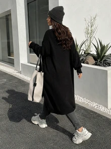 Women's Plus Size Long Knit Cardigan, Lantern Sleeve Deep V-Neck Loose Fit Winter Sweater Coat With Pockets - Black - View 4