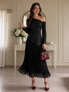 Halloween Costume Women Black Slant-Shoulder Pleated Long Sleeve Dress Festival - Black - View 2