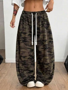 Plus Size Women's Camouflage Drawstring Wide Leg Pants, Casual Loose Long Streetwear Style - Army Green - View 1