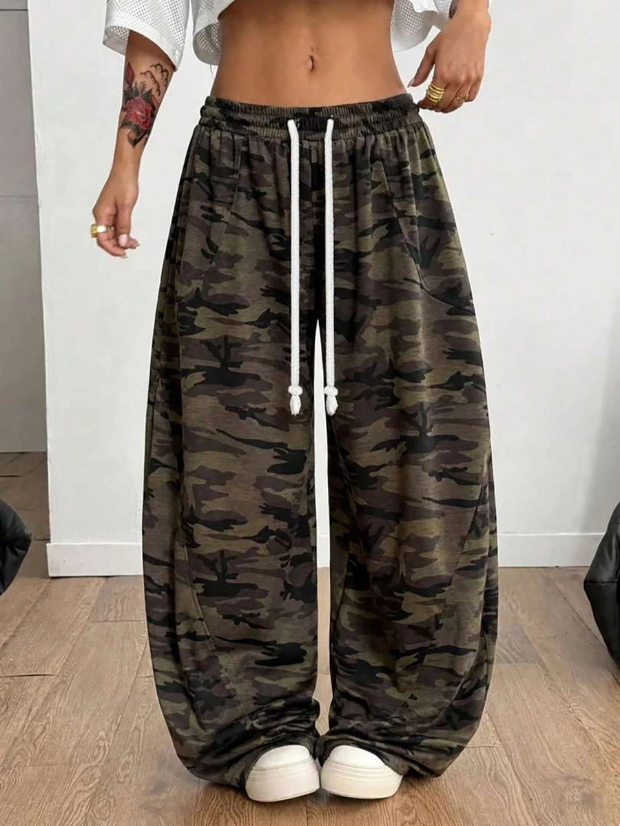 Plus Size Women's Camouflage Drawstring Wide Leg Pants, Casual Loose Long Streetwear Style - Army Green - View 1