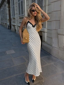 2026 Spring/Summer Fashion : A Polka Dot Print Lace Patchwork Spaghetti Strap Versatile Dress - White - View 1
