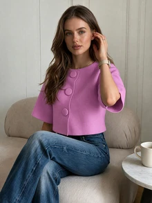 Women's Elegant Solid Color Large Button Cardigan, Short Sleeve Round Neck Knit Top Summer - Hot Pink - View 2
