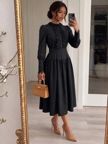 Solid Color Elegant Conservative Lace Patchwork Wedding Formal Evening Party Daily Commute Dress - Black - View 2