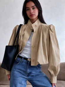 新款休闲度假优雅通勤商务休闲翻领长袖卡其色纹理斜纹女式外套，初秋春季 - 卡其色 - 查看 6