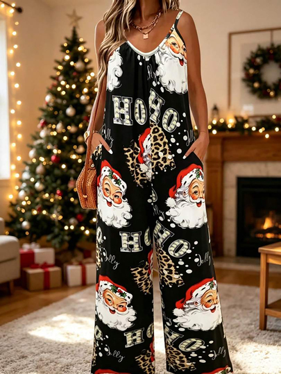 Plus Size Santa Claus Print Spaghetti Strap Jumpsuit With Pockets, Sleeveless Spaghetti Strap, Suitable For Holiday Loungewear And Christmas Party