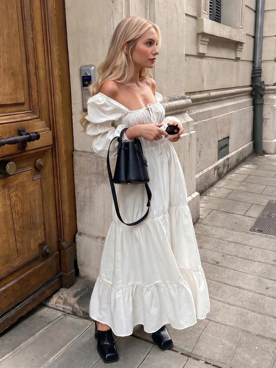 2026 Spring/Summer Fashion: Daily, Casual, Commute, Streetwear, Elegant, Versatile, Vacation, Bohemian, Cute, Solid Color, Retro, Puff Sleeve, Layered Long Dress Women's Clothing White - White - View 1
