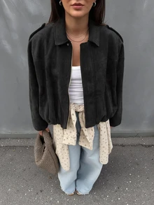 女款正裝版型人造麂皮長袖單排扣寬鬆休閒夾克，適合春季黑色，率性風格秋季 - 黑色 - 查看 4