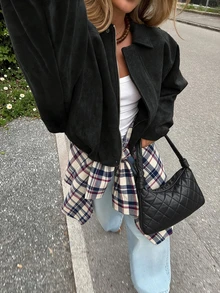 女款正裝版型人造麂皮長袖單排扣寬鬆休閒夾克，適合春季黑色，率性風格秋季 - 黑色 - 查看 3
