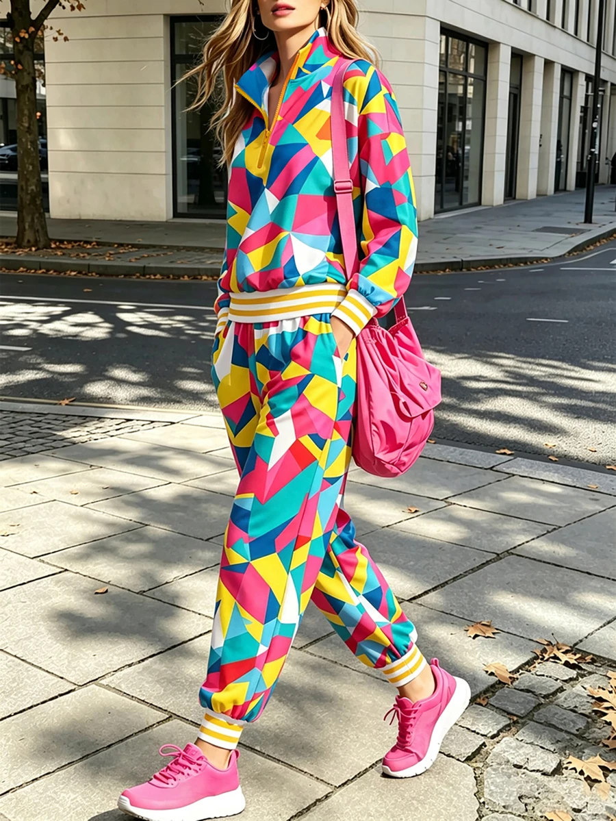 Elegant Women's Long Sleeve Printed 2 Pieces Set, Autumn/Winter Outfit, Back To School Style - Pink - View 1