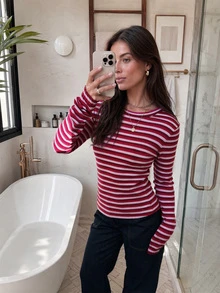 FOR BEAUTY Fall Winter Women Sweaters Elegant Casual Y2K Pink Red Striped Crew Neck Long Sleeve Slim Fit Ribbed Knit Pullover Top Daily Streetwear - Red - View 3