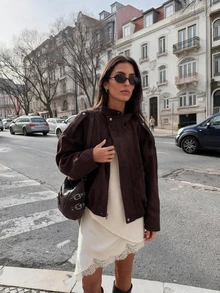 Women's Vintage Faux Suede Jacket, Solid Color Zipper Casual Coat - Brown - View 2