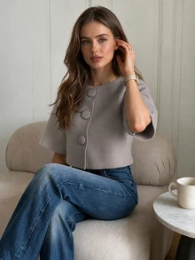 Women's Elegant Solid Color Large Button Short Sleeve Round Neck Knit Cardigan - Grey - View 2