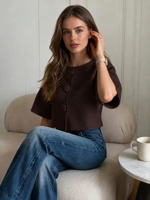 Women's Elegant Solid Color Large Button Cardigan, Short Sleeve Round Neck Knit Top Summer - Brown - View 1