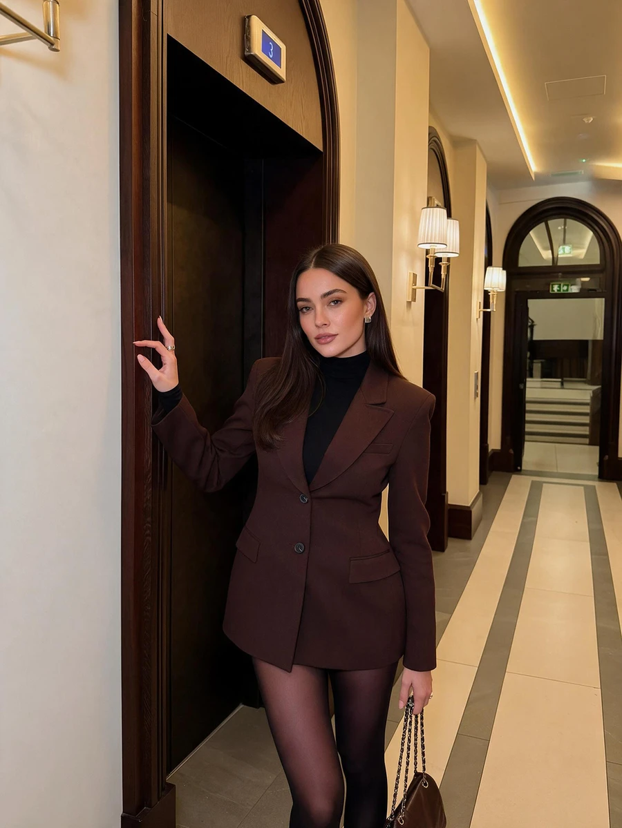 Women's Classic Notch Lapel Blazer, Versatile Solid Color Office Suit Jacket, Autumn/Winter Commute Casual Solid Color Single-Breasted Waist-Cinching Blazer - Coffee Brown - View 1