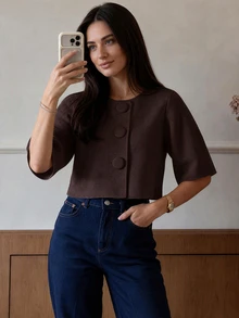 Women's Elegant Solid Color Large Button Cardigan, Short Sleeve Round Neck Knit Top Summer - Brown - View 2