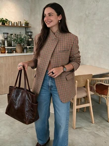 女款春夏復古格紋不對稱西裝外套，休閒時尚西裝夾克 - 紅色 - 查看 3