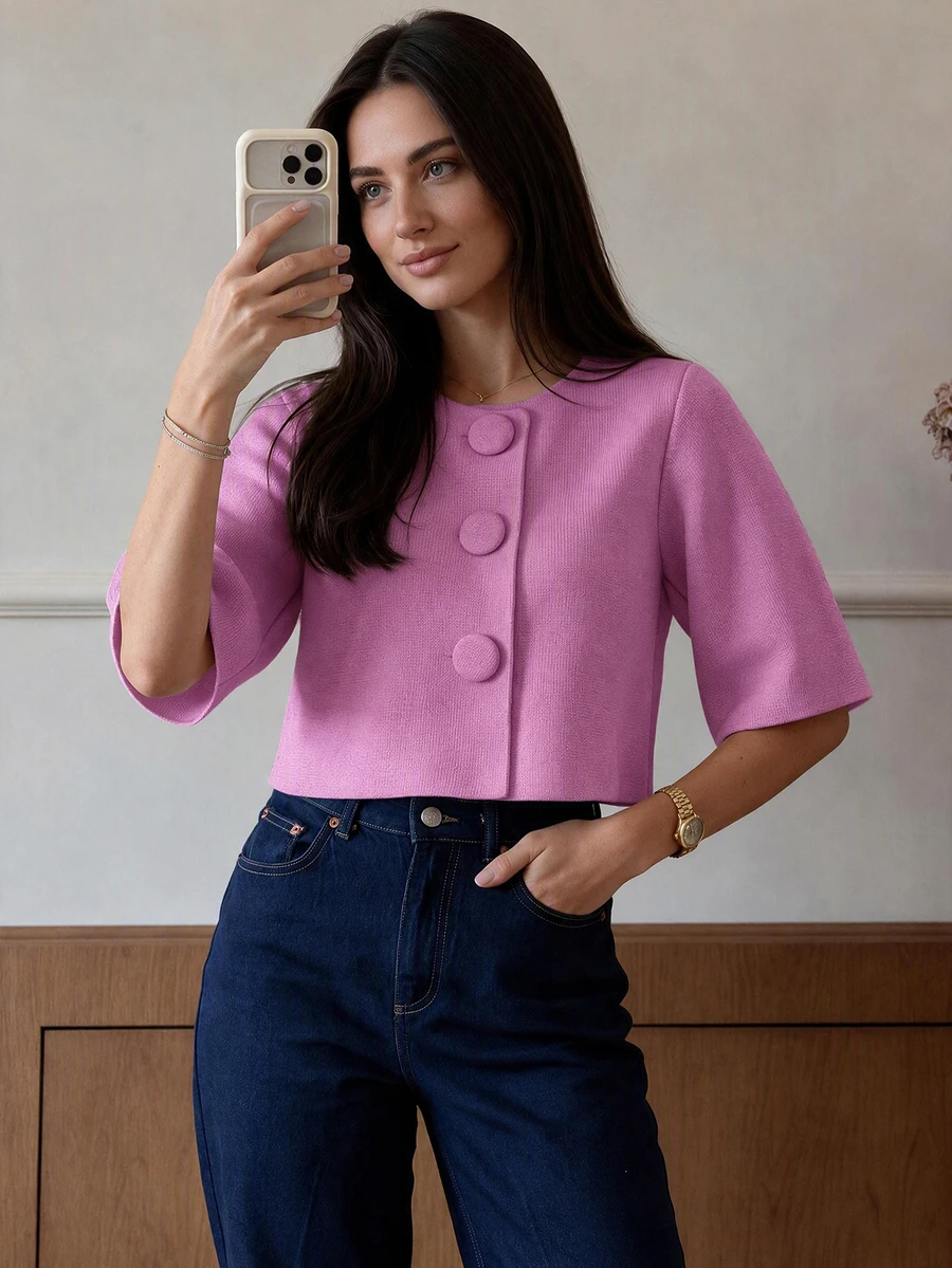 Women's Elegant Solid Color Large Button Cardigan, Short Sleeve Round Neck Knit Top Summer - Hot Pink - View 1