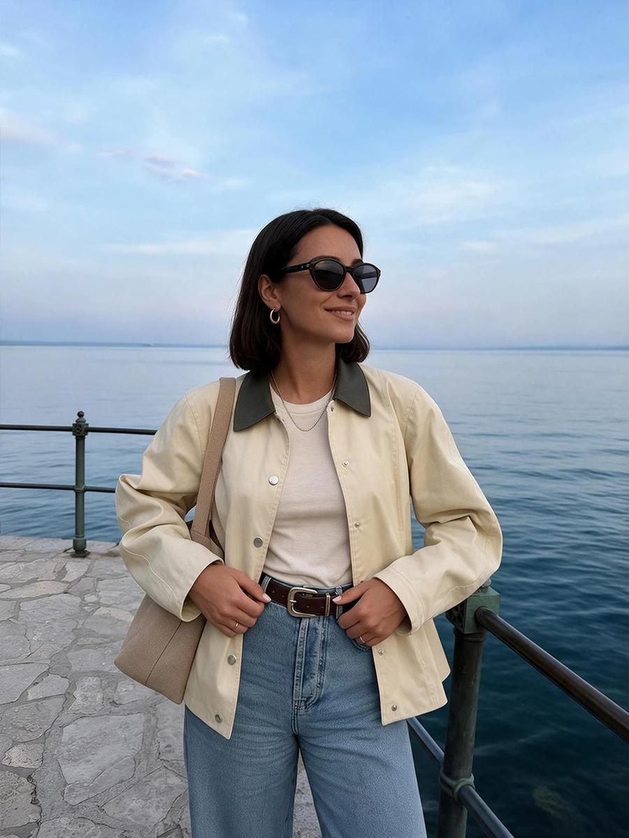 Women's Autumn Minimalist Commuter Single-Breasted Jacket, Contrast Collar Long Sleeve Blazer, Elegant Daily Commute Suit - Apricot - View 1