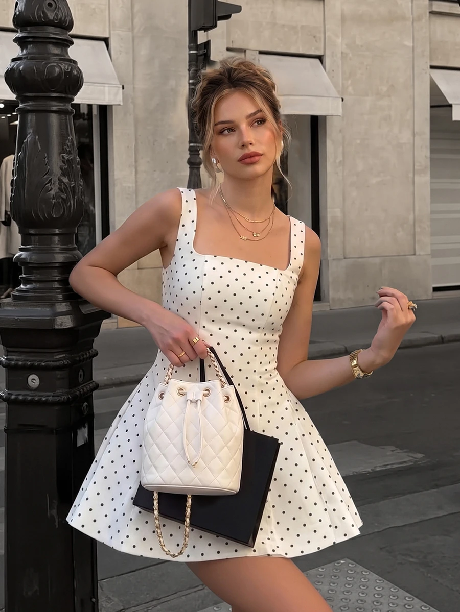 2026 Spring/Summer Fashion: Versatile Women's Short Dress, Black And White Color Block Design, Perfect For Daily Wear, Casual Commute, Street Style, Vacation, Beach, Bohemian And Various Occasions. Elegant - White - View 1