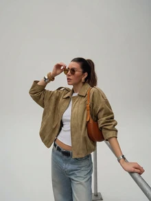 女款正裝版型人造麂皮長袖單排扣寬鬆休閒夾克 棕色 秋季 - 棕色 - 查看 2