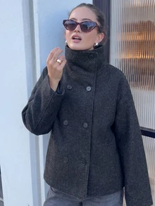 复古双排扣高领女式夹克，通勤外套，冬季春季外套 - 深灰色 - 查看 6