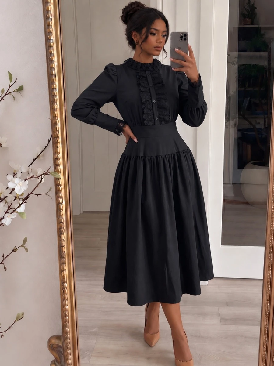Solid Color Elegant Conservative Lace Patchwork Wedding Formal Evening Party Daily Commute Dress - Black - View 1