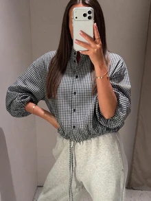 Women's Plaid Long Sleeve Shirt With Elastic Hem, Casual Style, Front Button Closure, Checkered Pattern - Black and White - View 2