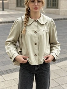 Women's Solid Color Peter Pan Collar Pleated Casual Commuter Jacket - Apricot - View 1
