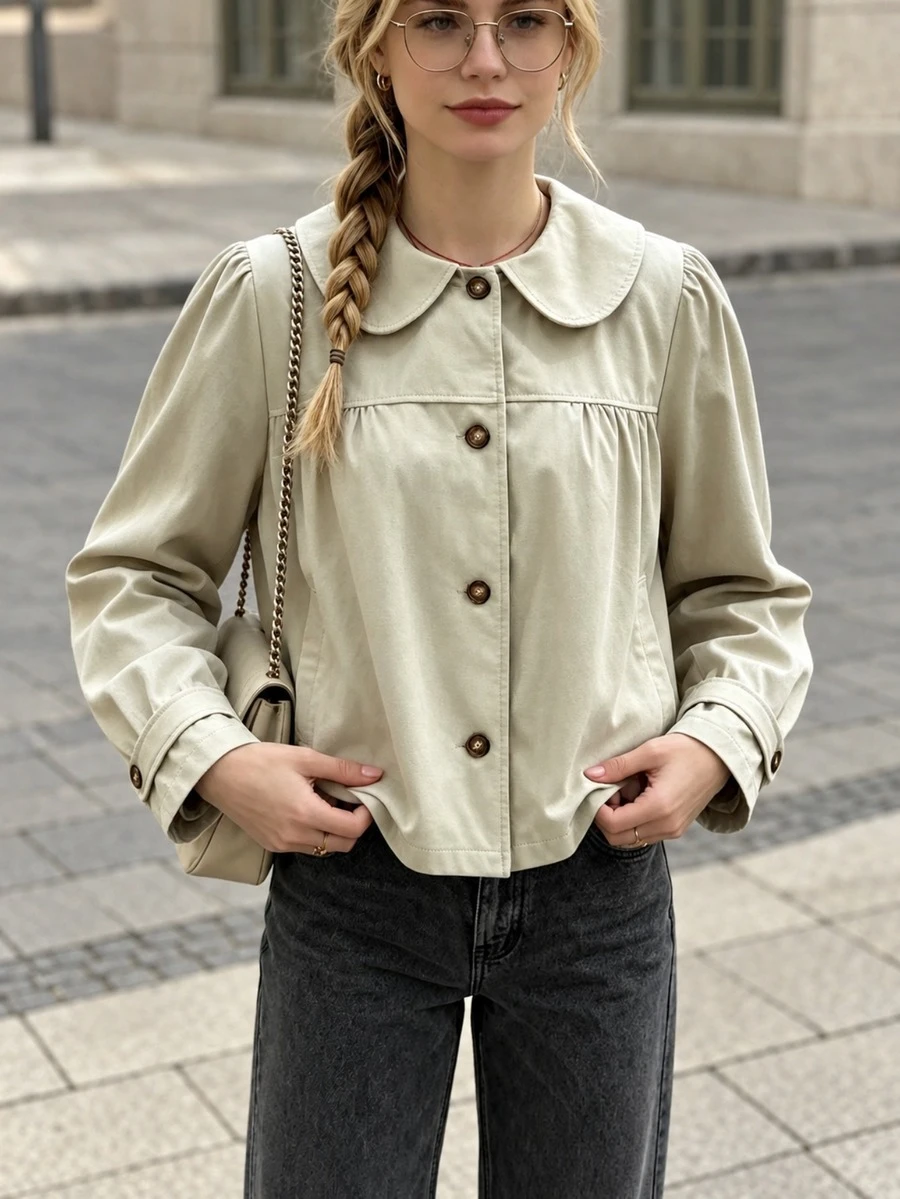 Women's Solid Color Peter Pan Collar Pleated Casual Commuter Jacket - Apricot - View 1